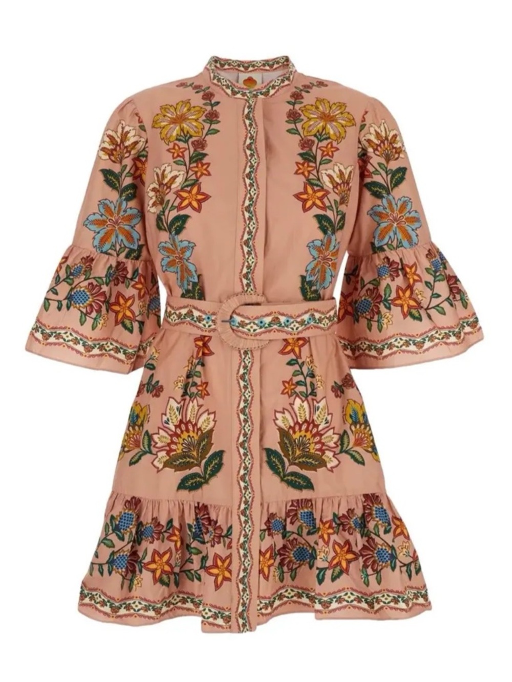 FARM Rio Pink Floral Embroidered Belted Mini Dress